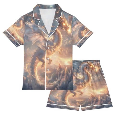 ALAZA Wing Dragon Cloud Satin Pajamas Set Short Sleeve Button Down Sleepwear Summer Pjs 2 Piece