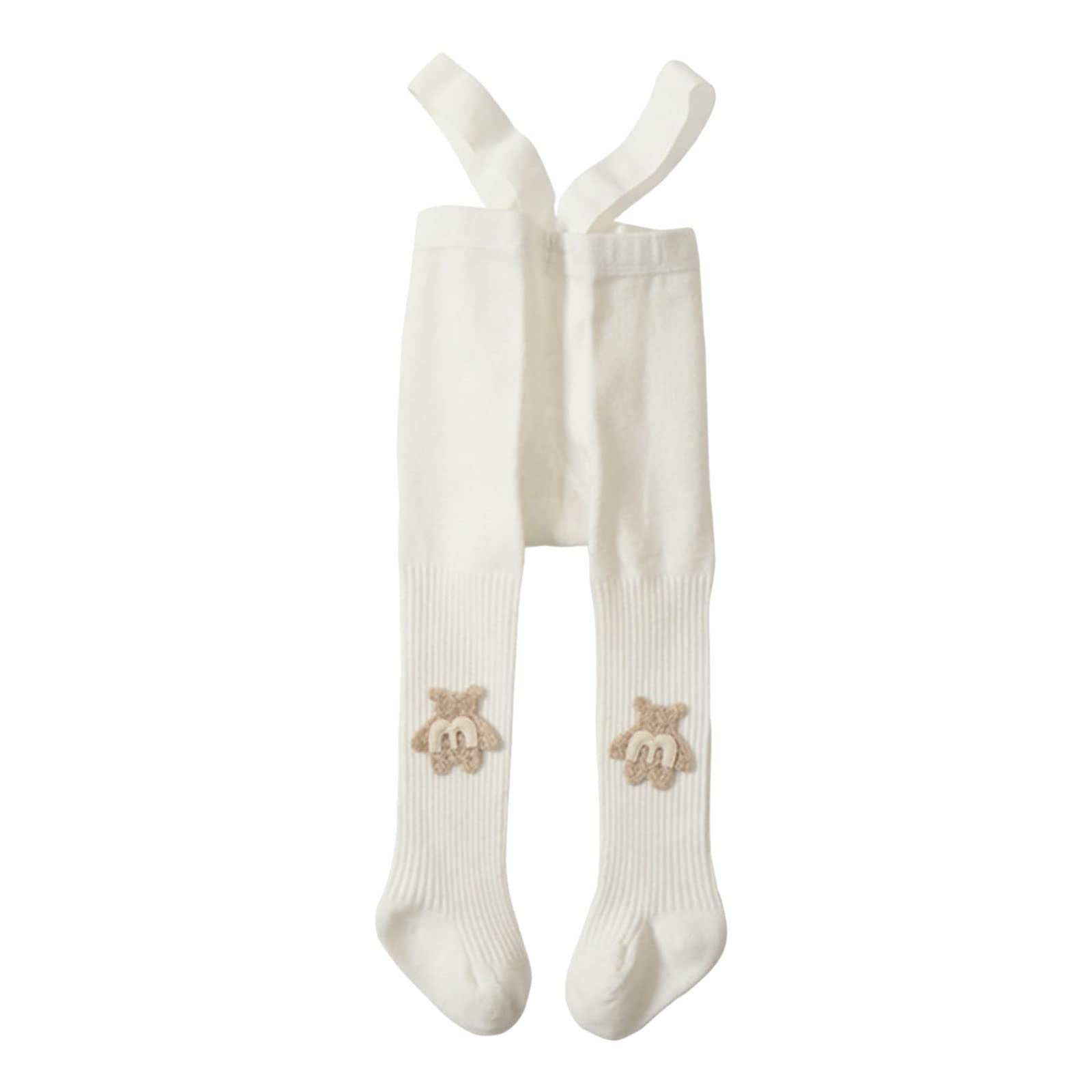 BULINGNA Infant Baby Girl High Waist Leggings Tights Socks Knit Ribbed Suspender Pantyhose Stockings with Cute Bear (White, 0-12 Months)