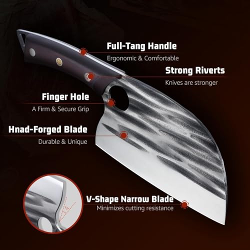 Huusk Upgraded Serbian Chef Knife - Forged Butcher Knife with Sheath, Japanese Meat Cleaver for Meat Cutting Heavy Duty Chopping Knives for Outdoor Cooking, Camping, Gifts for Men and Women