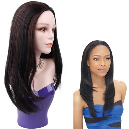 Quick Wear Weave Wigs for Women Straight Synthetic Hair 16 Inch 3/4 Half Up Half Down Wig Perfect Hairline Wig Japanese Fiber Wigs (1B/#30 Black Ombre Auburn Brown)