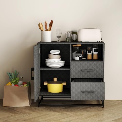 HOMCOM Sideboard with Adjustable Shelf, Freestanding Sideboard Storage Cabinet with Open Compartment and 2 Drawers for Kitchen, Living Room, Grey - Image 9