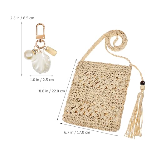 Woven Straw Shoulder Beach Bag for Women with Shell Tassel Decoration in Vintage Style, 8.6 x 6.7 inch2