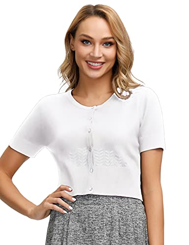 Womens Short Sleeve Button Down Cardigan Bolero Shrug Sweater(Xl,White) #TOP1