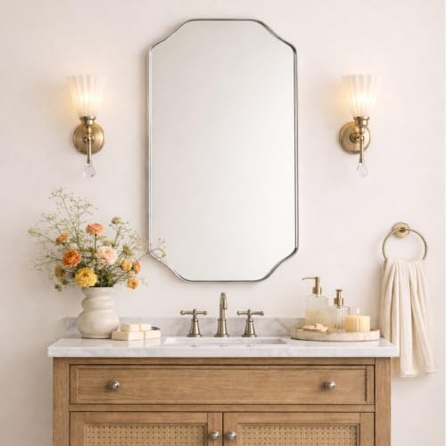 Image of TEHOME Brushed Nickel Scalloped Bathroom Vanity Mirror 24x36'' Decorative Silver Metal Framed Asymmetrical Bathroom Mirror