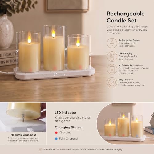 Image of Homemory Ivory Rechargeable Flameless Candles with Remote Timer, Set of 3