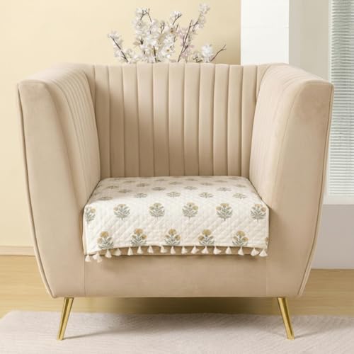 Image of HOMEMONDE 1 Seater Quilted Velvet Printed Sofa Cover with Tassels |Soft, Durable & Premium Fabric with Tassels | Sofa Cover Mats for Living Room, Bedroom & Drawing Room (76 X 61 CM, Meadow Bloom)