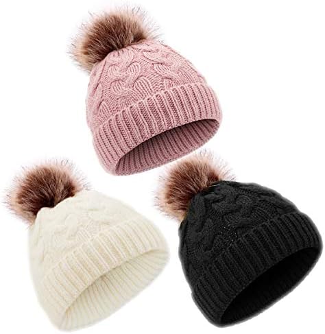 DANMY Baby Beanie Hat, Infant Newborn Toddler Winter Warm Knit Cap for Little Boys Girls, Winter Warm Hat (6-24 Months, white/pink/black-3pcs)