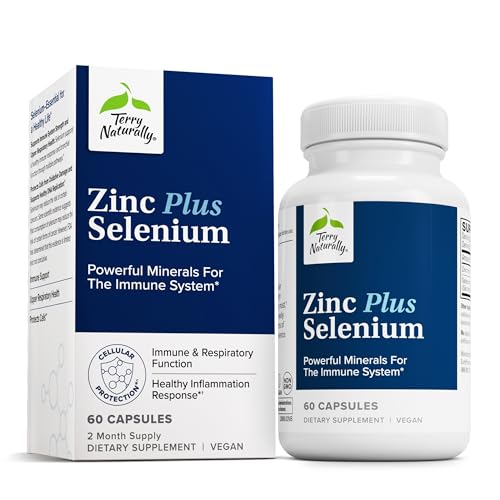 Terry Naturally Zinc Plus Selenium - Immune & Respiratory Health Supplement - Mineral Supplement with Zinc Bisglycinate Chelate - Formula with Selenium for Cellular Health Support - 60 Capsules