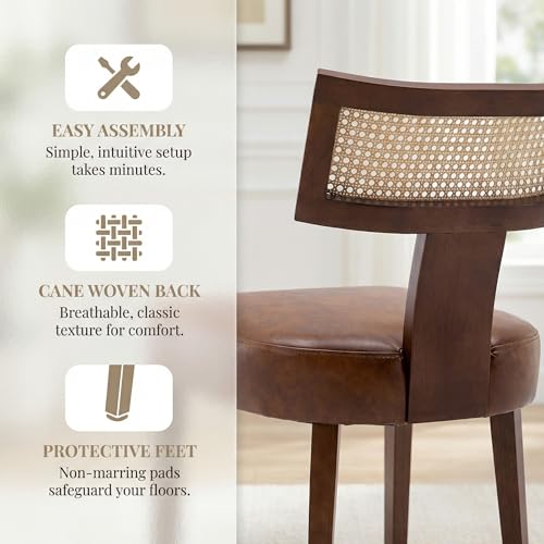 Image of HNY Mid Century Modern Rattan Dining Chairs Set of 6, Farmhouse PU Leather Upholstered Accent Chair Curved Backrest Kitchen Chairs, with Hardwood Frame, Brown
