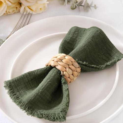 Image of MLMC 10 Pack Olive Green Cloth Napkins with Fringe Boho Linen Napkins Washable Reusable Rustic Dinner Table Decor 17 inchx17 inch for Wedding Party Picnic Gathering Decor