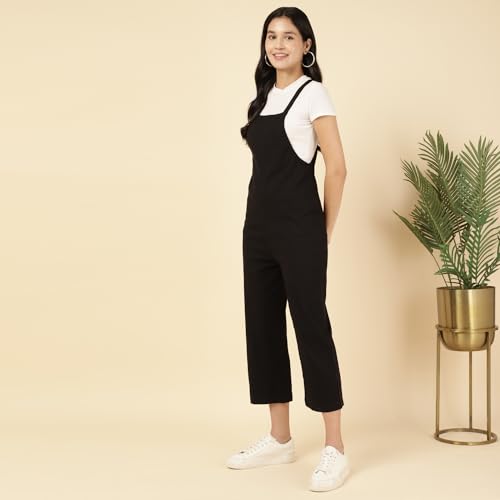 Image of DEEBACO Women's Solid Rayon Slub Lycra Calf Length Dungaree Jumpsuits For Women Stylish|Square Neck|Sleeveless|One Piece Western Dress For Woman|Ladies Dress|Party Casual Wear(Black)