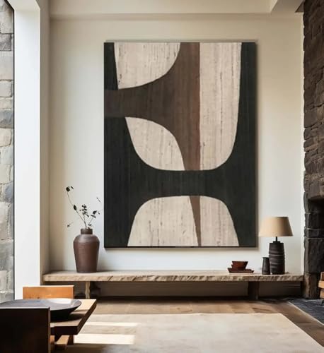 XINBAO Peinture texturée beige et noire, art mural Wabi Sabi, peinture abstraite sur toile, grande image murale noire et marron, décoration murale, 40 x 60 cm, avec...