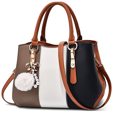 DORRISO Women Top Handle Bag Ladies Handbags Fashion Colour Block Shoulder Bag Travel Casual Tote Bag PU Leather with Pearl Pendant and Crystal Style Drop Black Cover