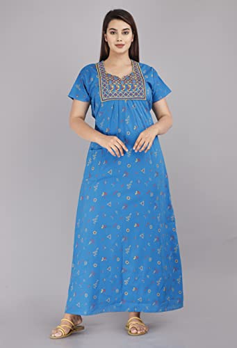 Image of DIAMO Pure Cotton Embroidery Nighty for Women, Cotton Night Gown, Night Maxi Gown, Cotton Nighty with a Pocket and Adjustable Knot