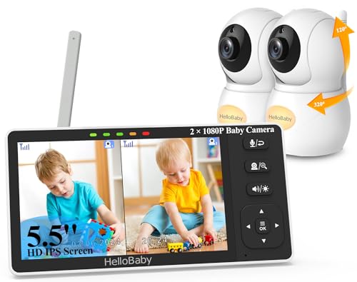 HelloBaby Baby Monitor 2 Telecamere con Baby Camera 1080P, Baby Monitor da 5,5 '' con schermo diviso con fotocamera e visione notturna, No WiFi, Pan-Tilt-Zoom, Luce notturna, Portata 1000 piedi, Audio
