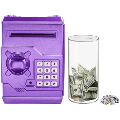 Totola Clear and Unopenable Transparent Piggy Bank with 50 pcs Sticker (Small) + Electronic Piggy Bank Mini ATM for Kids Baby Toy with Password (Purple) Cover
