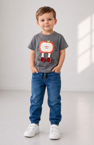 Image of Bold N Elegant Toddler Boys Clothing Set Apple Print T-Shirt with Denim Jogger Pants | Kids Casual Summer Outfit Set | Soft Cotton Tee & Elastic Waist Jeans