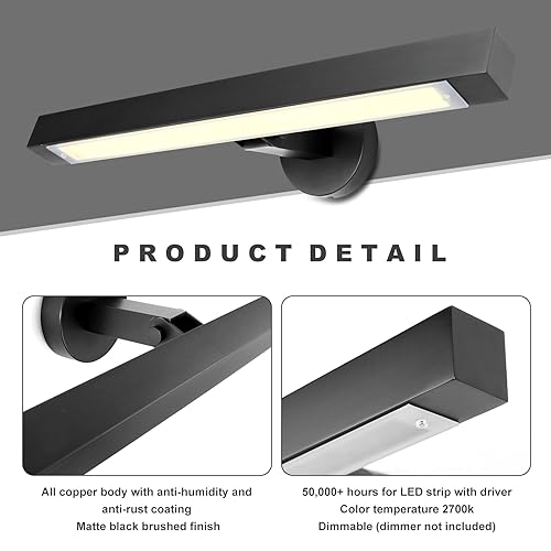 Black Picture Light, 24inch Hardwired Picture Lights for Wall,270°Rotatable LED Linear Picture Art Lights,Dimmable Picture Frame Light Bathroom Lighting Sconces for Living Room, Hallway,Kitchen