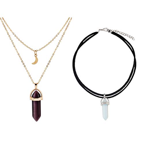 tenghong2021 2 Pcs Layered Choker Hexagonal Gemstone Pendant Necklaces Set Boho Multi-Layer Moon Pendant Necklace Natural Stone Chakra Suede Choker Necklace Gothic Retro Moon Multilayer Chain