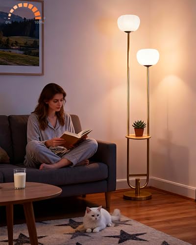 Image of Lightdot 63IN Gold Floor Lamp Dimmable Standing Lamps with Tray Pumpkin Bulbs Included Unique U-Pole Mid Century Modern Tall Lamp with 5Lbs Heavy Base for Living Room /Party /Sofa Beside /Corner Decor