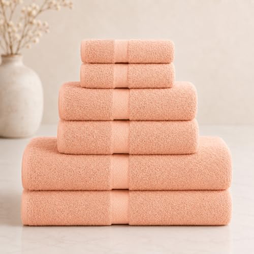 Image of Sulfar 100% Combed Cotton, 6 Pcs Towel Set - 2 Bath Towels (70 x 140 cm), 2 Hand Towels (40 x 70 cm) and 2 Face (30 x 30 cm) (600 GSM, Pack of 6) Tender Peach