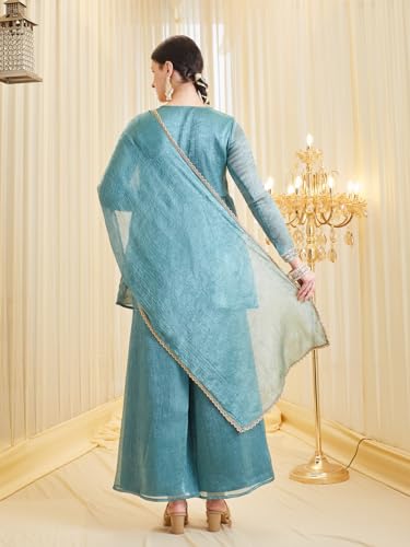 Image of MOKOSH Women's Silk Embroidered Kurta Set with Dupatta | Ethnic wear | 3 Piece Outfit | Festive Kurta Set | Peplum Kurti Sharara & Dupatta | Sweetheart Neck