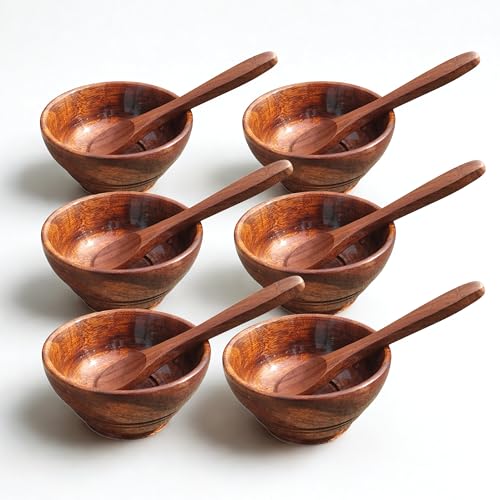 Image of Sheesham Wooden Serving Bowls with Spoons - Set of 6 | Multipurpose Small Bowls for Snacks, Spices, Chutney, Pickles, Kitchen & Dining Use