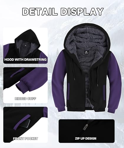 Image of V VALANCH Men Hoodies Zip Up Sherpa Lined Sweatshirts Heavyweight Thick Warm Fleece Winter Jacket