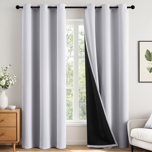 Image of MIULEE Greyish White 100% Blackout Curtains for Bedroom 40x84 Inch Long | 2 Thick Layers Thermal Insulated Window Curtains with Black Liner, Noise Reducing Grommet, Drapes for Living Room, 2 Panels