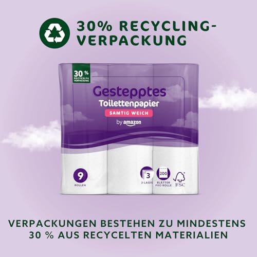 by Amazon Toilettenpapier, 3-lagig Gestepptes, Samtig Weich, 36 Rollen (9 Rollen, 4-er Pack), 200 Blätter pro Rolle, FSC-Zertifiziert