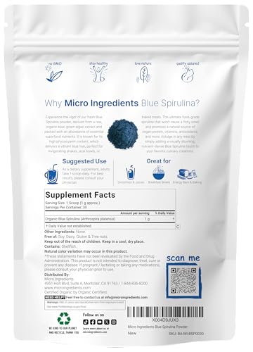 Image of Organic Blue Spirulina Powder (Phycocyanin Extract), 30 Servings - No Fishy Smell, 100% Vegan Protein from Blue-Green Algae, Natural Luminous Food Coloring for Smoothies, Baking, Drinks & Cooking