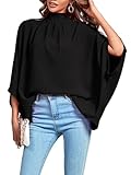 LYANER Women's Mock Neck Pleated Batwing Sleeve Drape Tie Back Blouse Shirt Top Solid Black Medium