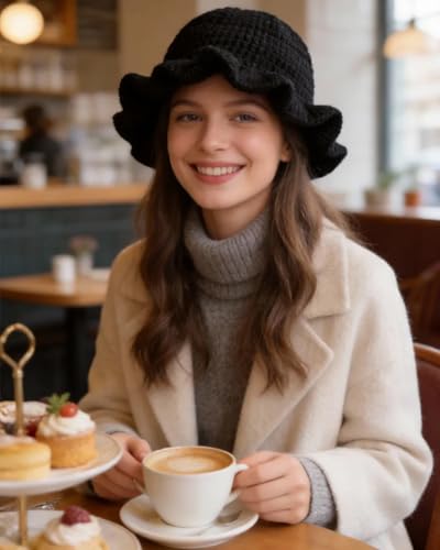 Image of Women Crochet Bucket Hat Cute Winter Ruffled Brim Floppy Cap Handmade Knit Cloche Hats