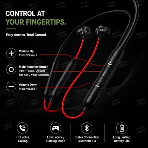 Image of Bullets Wireless Z2 for OnePlus Portable Bluetooth Neckband Earphones with Magnetic Eartips and Built-in Microphone, Portable Flexible Neckband for Calls, Music and Office Use,-(Red)