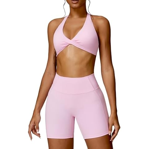 ABOCIW Womens Workout Sets Halter Neck Twist Front Sports Bra High Waist Biker Shorts 2 Piece Gym Sets Halter Neck Pink Small Cover