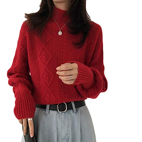 [Ksila]ニットセーター レディース クルーネック セーター ゆったり カットソー 長袖 ニット トップスカジュアル 無地 プルオーバー おしゃれ 秋 冬(FREESIZEレッド)