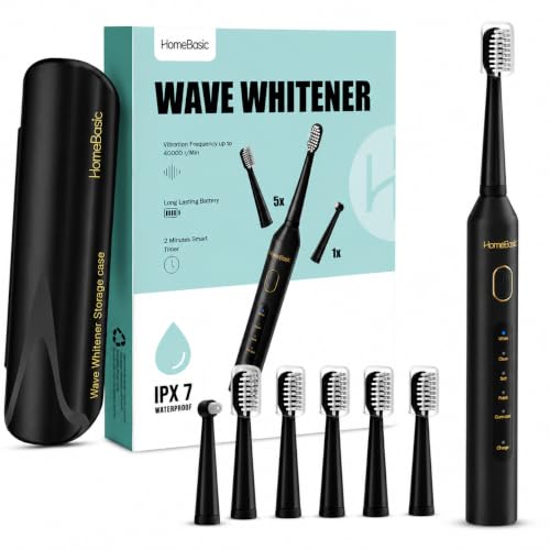 Image of HomeBasic Wave Whitener Sonic Electric Toothbrush for Adults | 40,000 VPM, 5 Brushing Modes, 6 DuPont Brush Heads, 60-Day Battery, USB-C Rechargeable, IPX7 Waterproof, Smart Timer & Travel Case (Black)