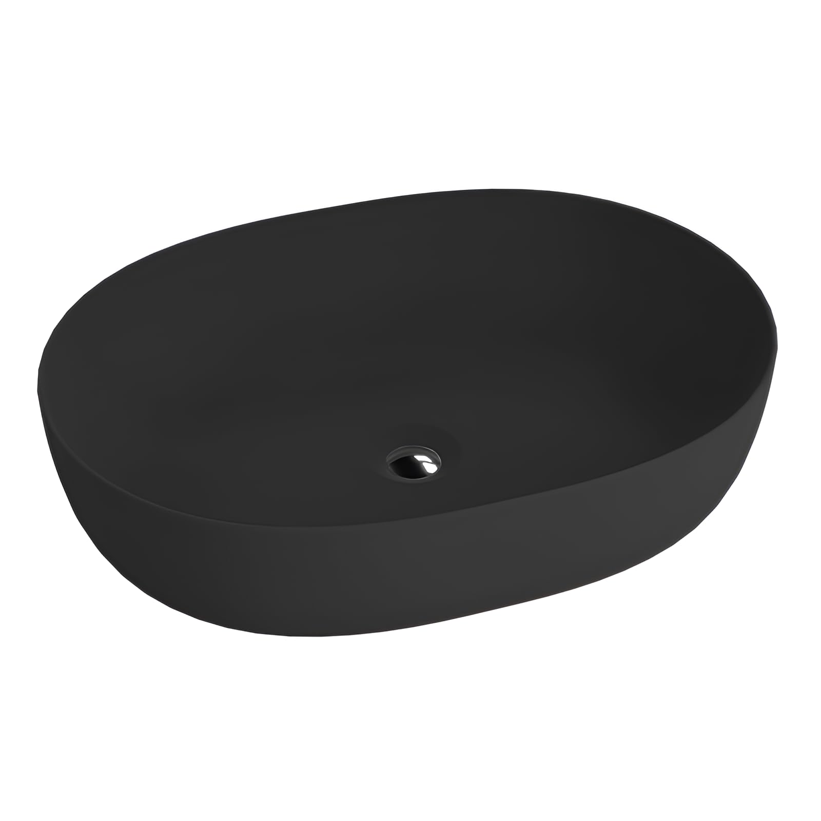 LAVITA Blas Black - Lavabo da appoggio ovale senza troppopieno e foro per rubinetto, in porcellana di alta qualità, moderno lavabo in ceramica, 59,5 x 43 x 13,5 cm, nero opaco