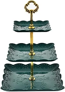 MINGT 3 Tier Plastic Cupcake Stand, Tiered Serving Cake Stand, Square White Embossed Dessert Stand, Weddings Parties Pastry Serving Tray (Green)
