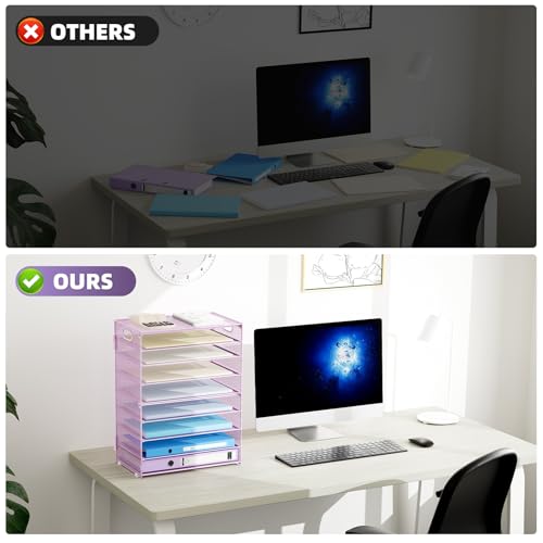 Image of Marbrasse Paper Organizer Letter Tray, 9 Tier Mesh File Organizer with Handle, Paper Sorter Desk Organizer for Home Office Supplies - Purple