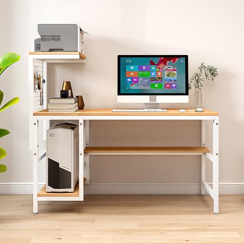 NOBBAT パソコンデスク 机 pcデスク 棚付きデスク 学習机 コンパクト 長さ100/120/140×幅55×高さ74cm 複数の色が利用可能 省スペース 在宅勤務 頑丈で組立簡単 おしゃれ(ウォルナット+白色フレーム,120cm)