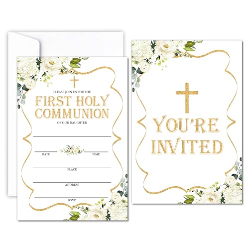 First Holy Communion Invitations For Girls, Floral Theme Invite Cards,