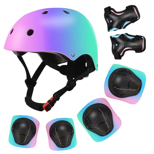 Image of Color Gradient Adjustable Kids Bike Helmet with Knee & Elbow Pads Set | Multi-Sport Safety Gear for Boys & Girls Ages 5-14 | Skateboarding, Scooters, Roller & Inline Skating, Longboarding