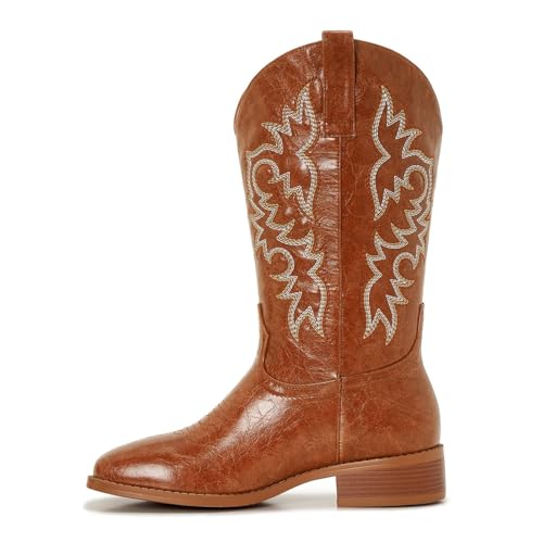 Image of Cowgirl Boots Square Toe Cowboy Boots For Women Ladies Mid Calf Low Heel Flat