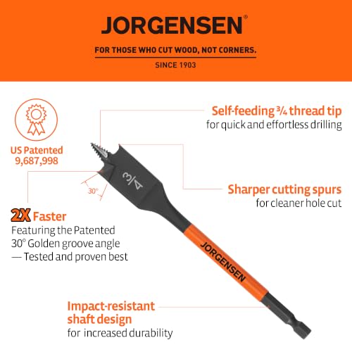Image of Jorgensen 3 /4 inch x 6 inch Spade Drill Bit, 1 /4 inch Hex Shank | High-Performance Carbon Steel Paddle Bit for Woodworking, Self-Feeding Threaded Tip