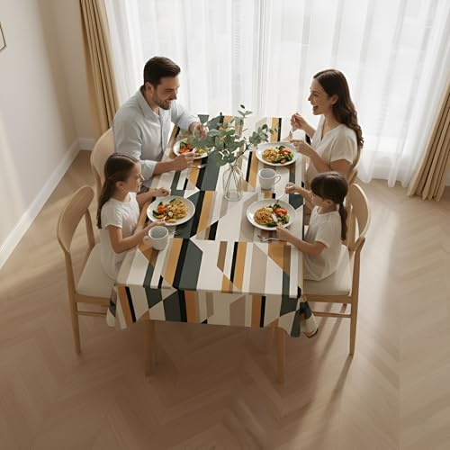 Image of DARSHANAM WORLD Mid-Century Modern Geometric 4 Seater Tablecloth - Waterproof & Spill-Proof Fabric, Abstract Pattern Design, Washable Decorative Table Cover for Dining Room, Kitchen. (Yellow Texture)