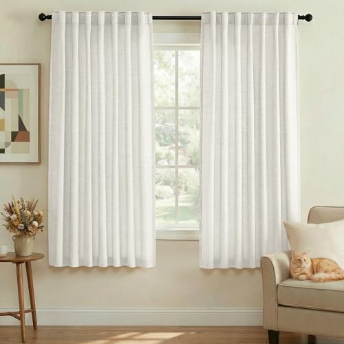 PrinceDeco Linen Semi Sheer Curtains 63 inch Length for Living Room/Bedroom, Rod Pocket Back...