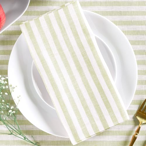 Image of Solino Home 100% Linen Napkins, 20 x 20 in, Sage and White Stripe, Set of 4 | Amalfi Stripe, elevate everyday dining and special gatherings, European flax fibres, low iron finish, OEKO-TEX Certified