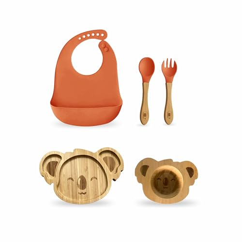 Image of Kids Station Koala Design 5-Piece Silicone Feeding Set for Babies | BPA-Free, Includes Suction Plate, Bowl, Spoon, Fork & Bib | Ideal for Infants & Toddlers (Set of 5 Koala Feeding Set, Orange)