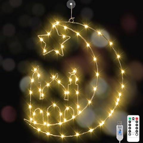 ZATAYE Ramadan Window Decorations, Large Star Moon Ramadan Decorative LED Window Lights, Eid Mubarak Window Hanging Ramadan Lights Decor with 8 Modes & Remote Control for Ramadan Eid Home Wall Decor Cover